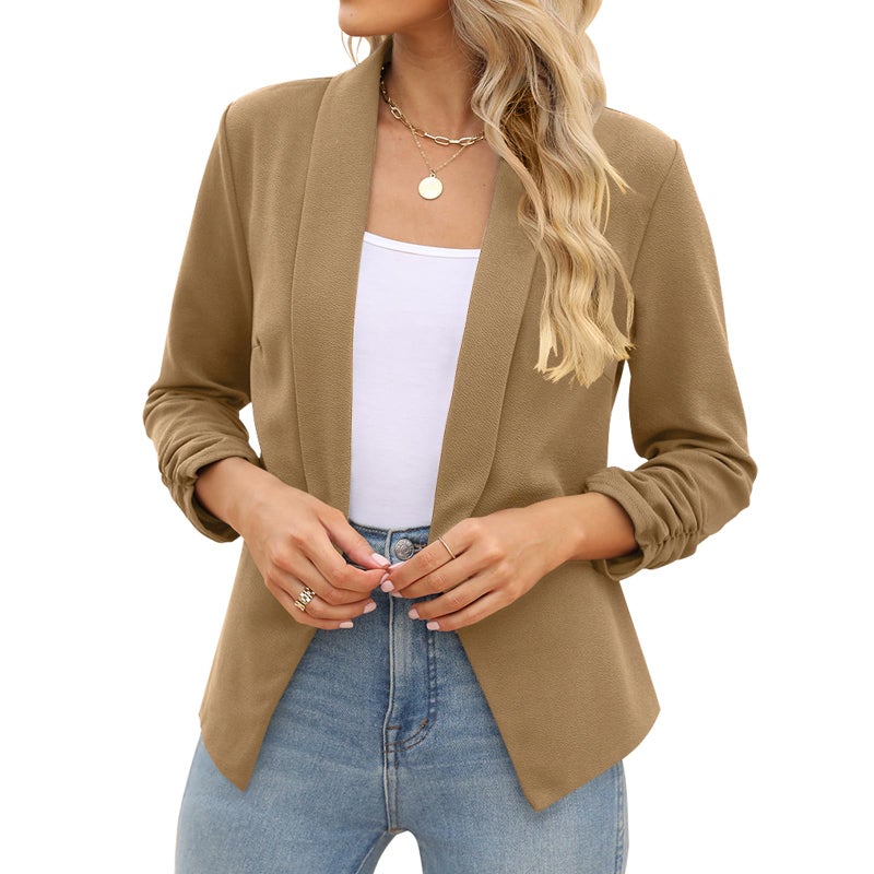 POGTMM Blaser sacos de Mujer Blazer 3/4 Sleeve Camel Colored Blazer for Women (Khaki, M) - Image 2